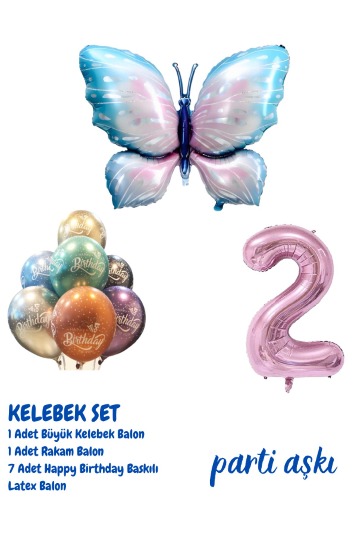 PARTİ AŞKI 2 Yaş Büyük Kelebek 3'lü Balon Seti & Kız Çocuk Bebek Konsept Doğum Günü Parti Balonu