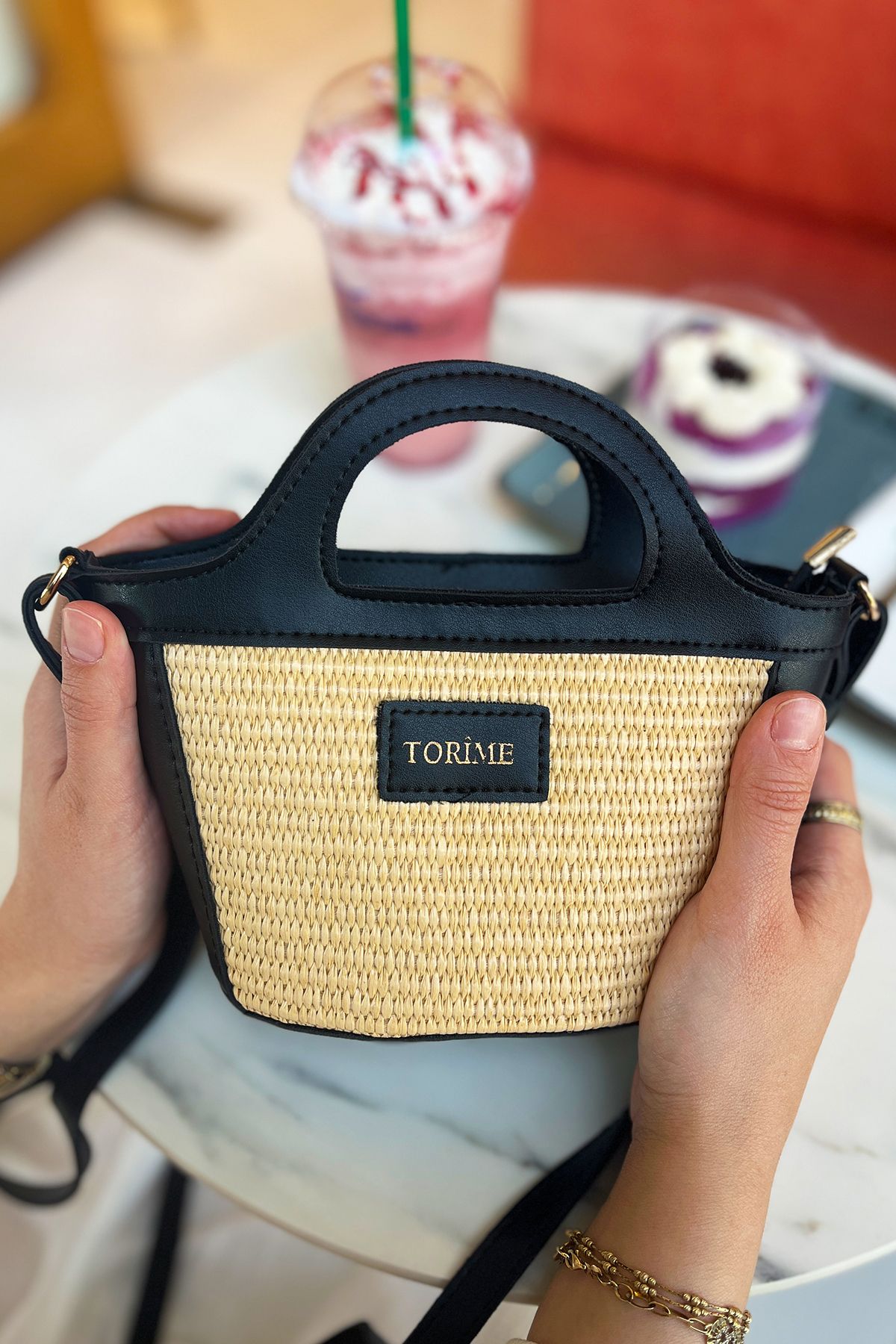 torime Yazlık Taba Hasır & Vegan Deri Mini Kol-Omuz Çantası
