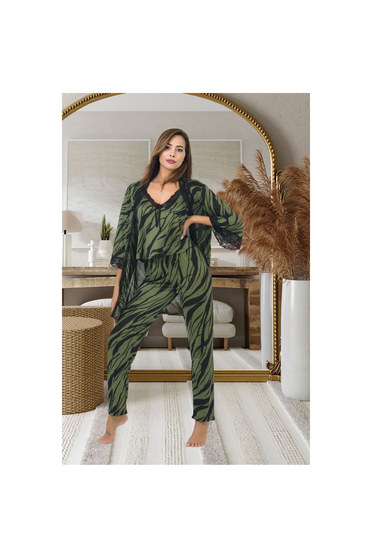 Marsilyan Kadın Çizgi Desenli Yeşil Askılı Pijama Ve Sabahlık Takımı 3 Parça Alt Üst Gecelik Takım
