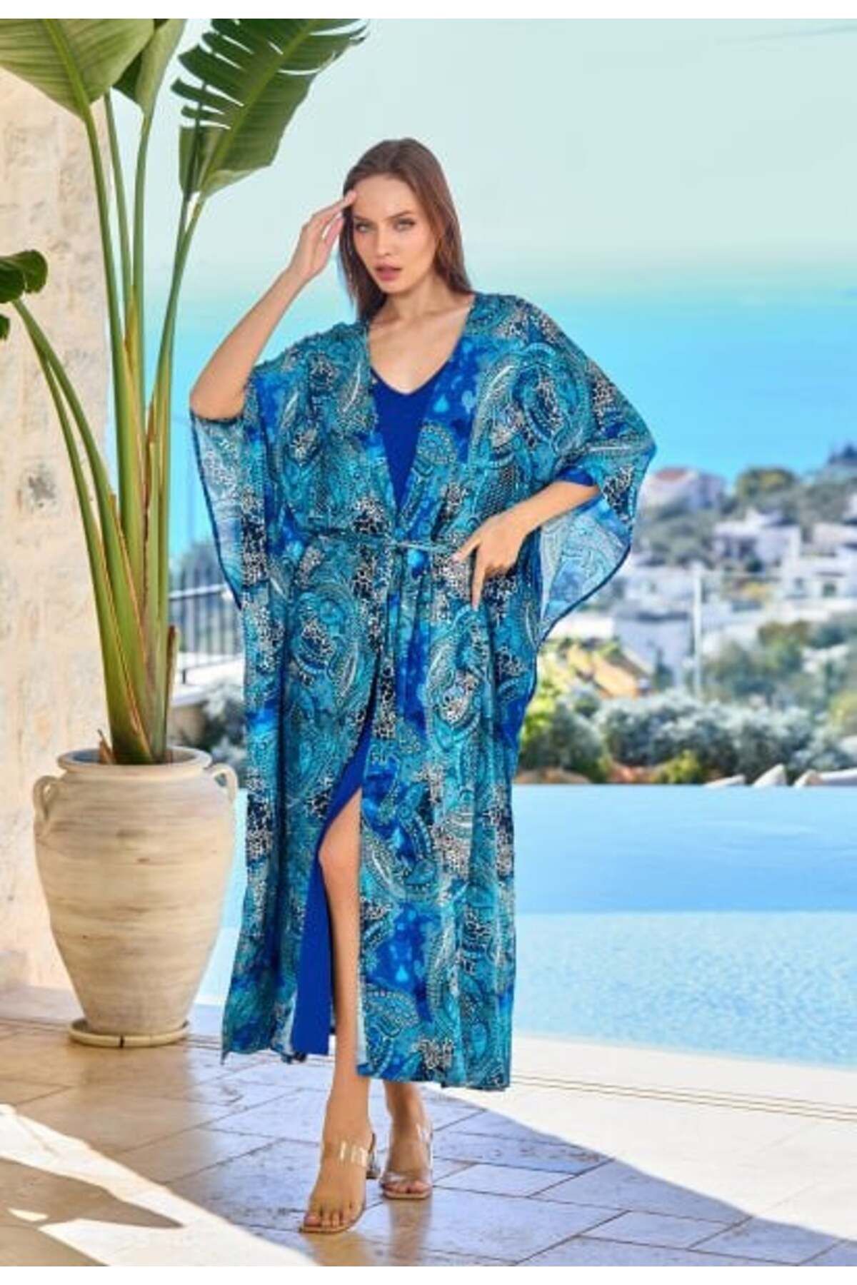 Cossy By Aqua Kadın Desenli Uzun Kimono Plaj Elbise 25667