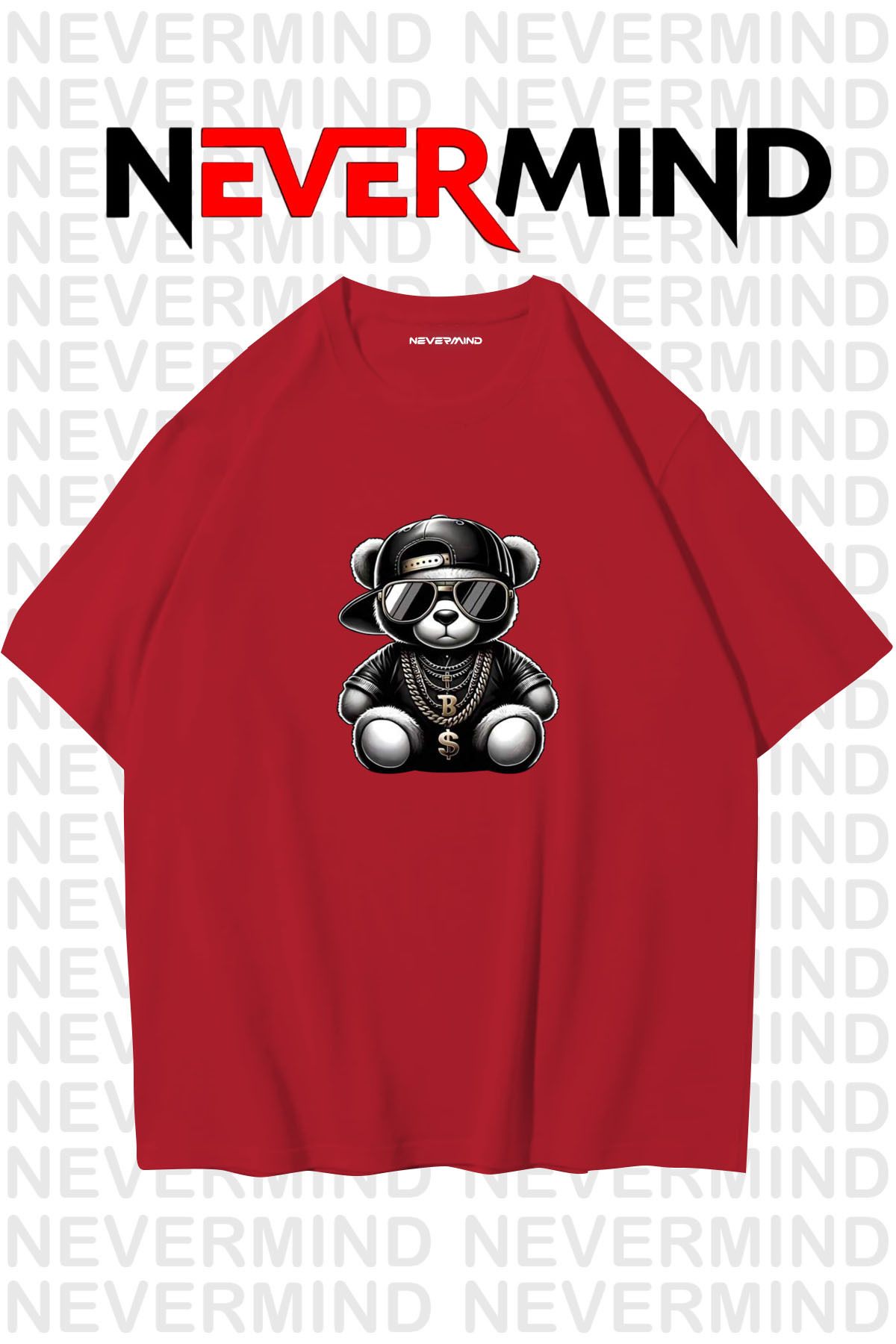 NEVERMIND Erkek Oversize Siyah Tişört – Hip Hop Ayı Baskılı, Sokak Modası Stil