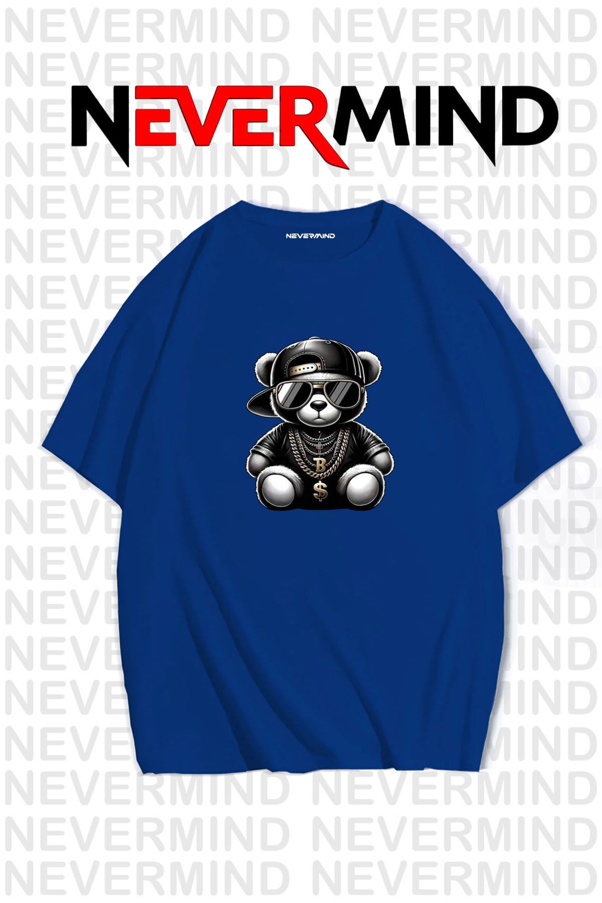 NEVERMIND Erkek Oversize Siyah Tişört – Hip Hop Ayı Baskılı, Sokak Modası Stil