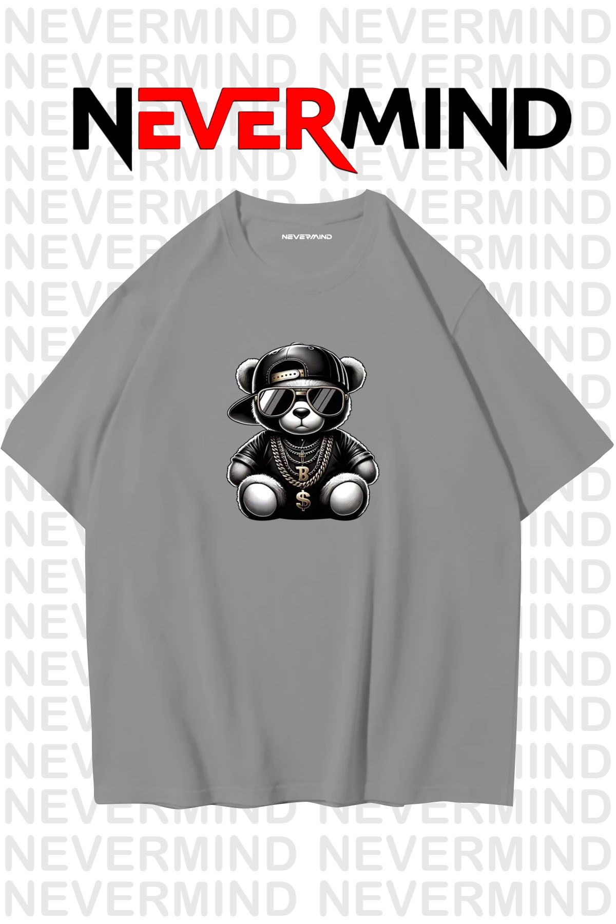 NEVERMIND Erkek Oversize Siyah Tişört – Hip Hop Ayı Baskılı, Sokak Modası Stil