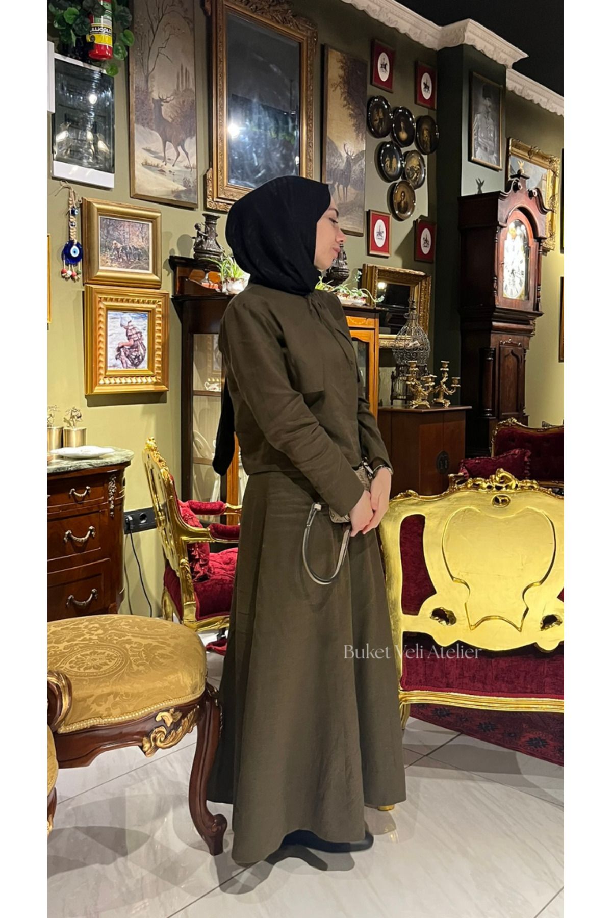 Buket Veli Atelier Kahverengi Keten Liyocell Bluz Etek Kadın Takım Liyosel Kahve Alt Üst Takım