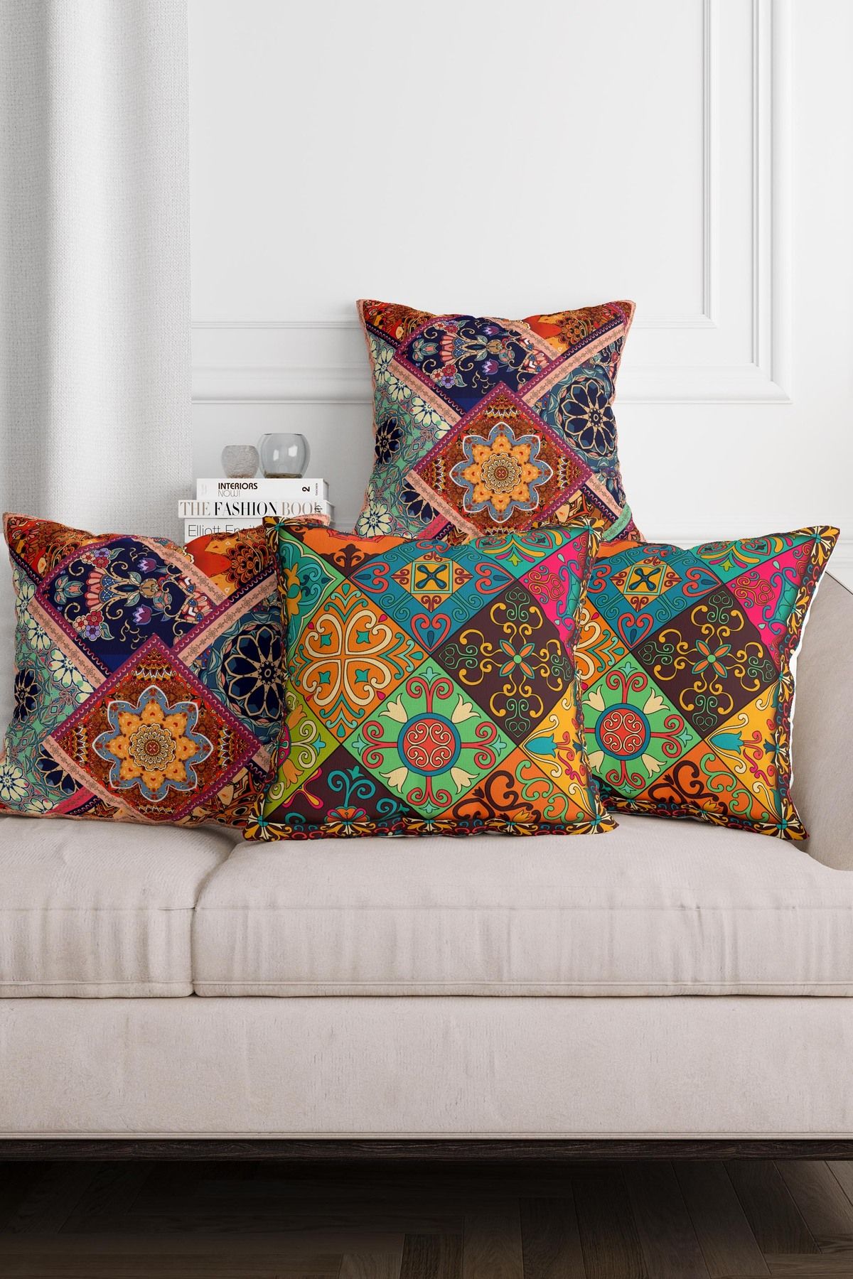 Laremis Patchwork Mandala Desenli Kırmızı Yeşil Dijital Baskılı 4lü Kırlent Kılıfı