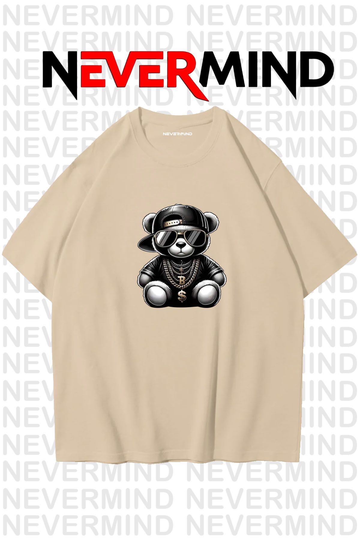 NEVERMIND Erkek Oversize Siyah Tişört – Hip Hop Ayı Baskılı, Sokak Modası Stil
