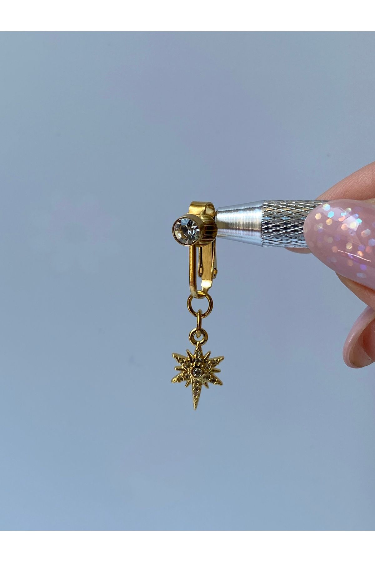 kurukafagift Çelik Göbek Piercing Mıknatıslı Deliksiz Kullanım Sıkıştırmalı Kuzey Yıldızı Sallantılı Model