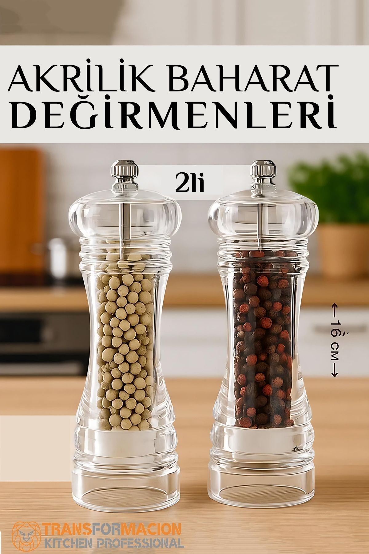 Transformacion Baharat Öğütücü - Baharat Karabiber Tuz Değirmeni Ahşap Akrilik Kristal 2 li SET 721773
