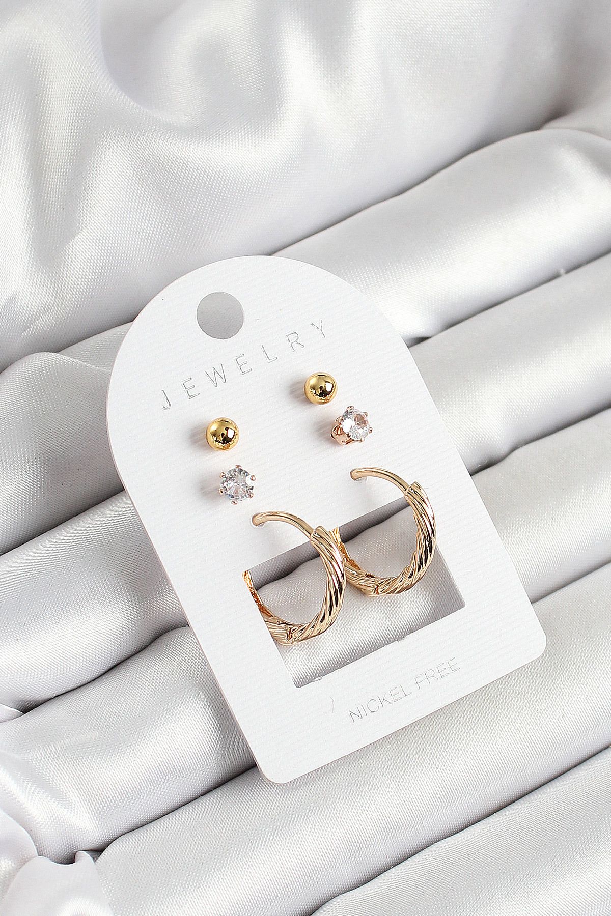 Tekno Yuva Pirinç Zirkon Taş Ve Halka Figürlü Gold Renk 3 lü Çift Kadın Küpe Set