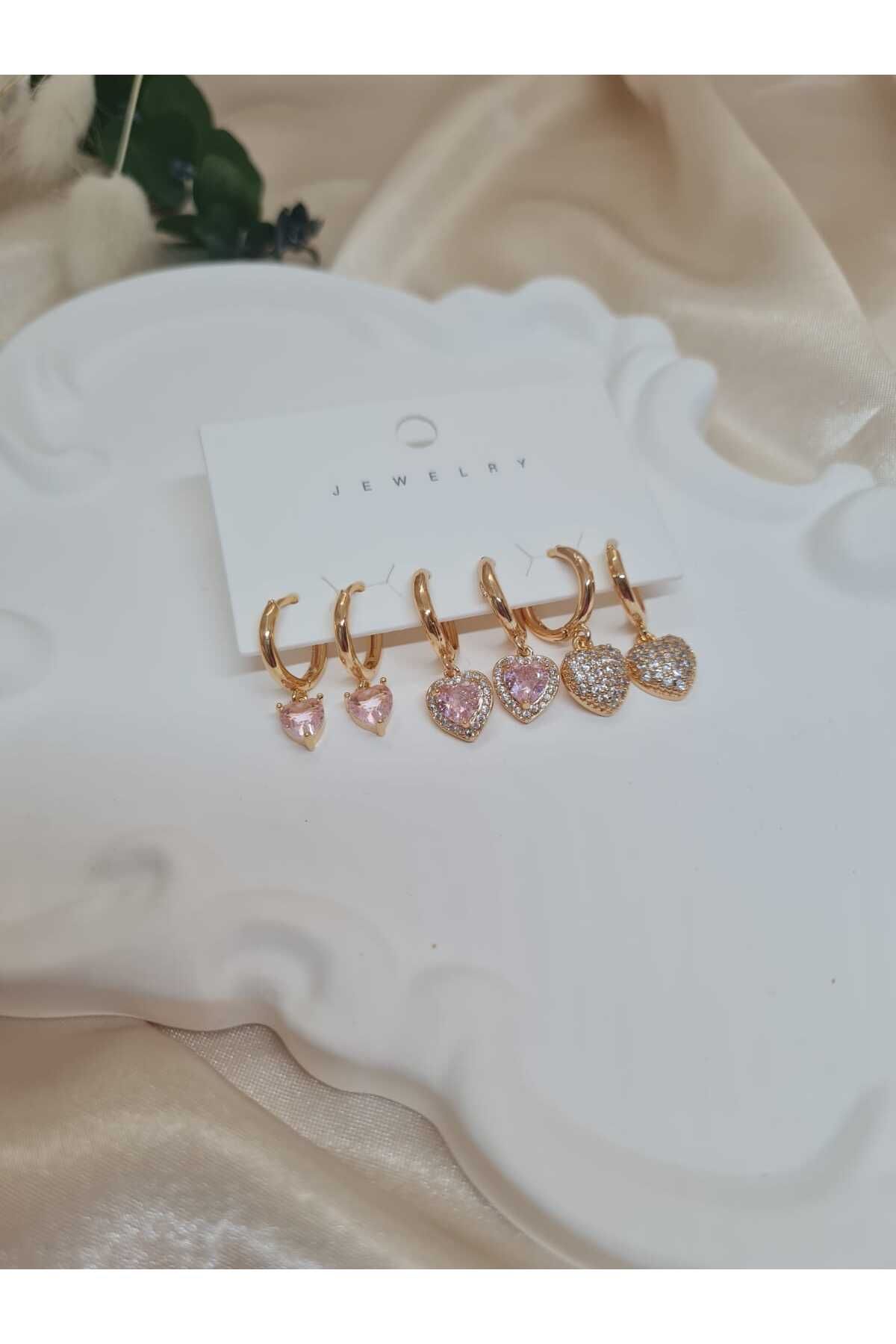 ZEYM 6'lı Kalp Figürlü Zirkon Taşlı Altın Renk Küpe Seti – Pembe & Beyaz Taşlı