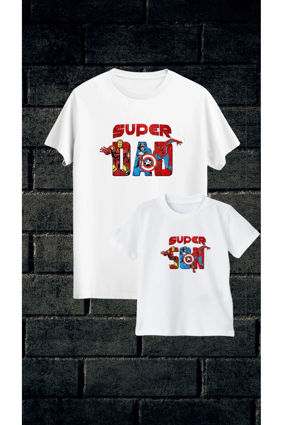 Qool Collection Özel Kahramanlarıyla Süper Baba & Oğul Tişört Seti – Iron Man, Cap ve Spidey Tasarımı