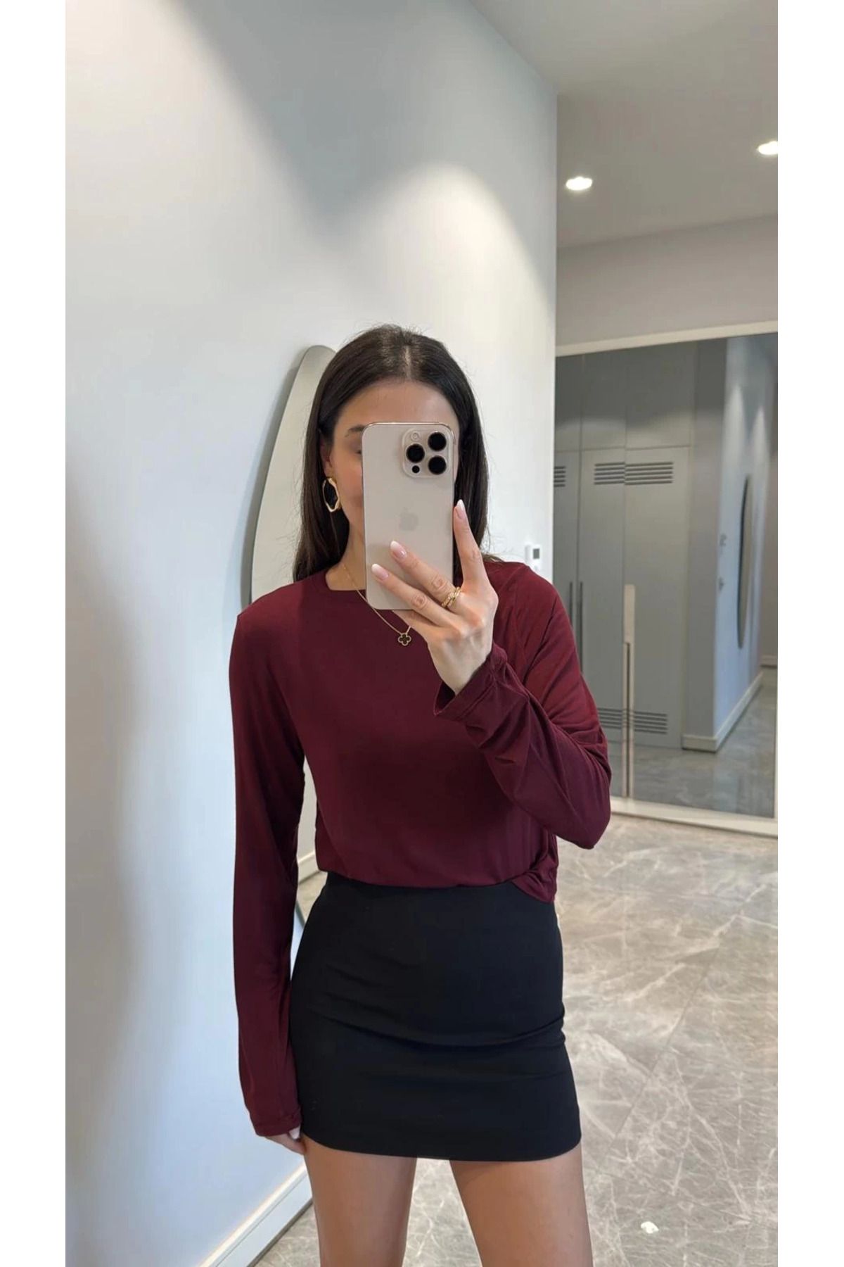 Pink Stil Bisiklet Yaka Uzun Kollu Crop - Bordo Pink Stil
