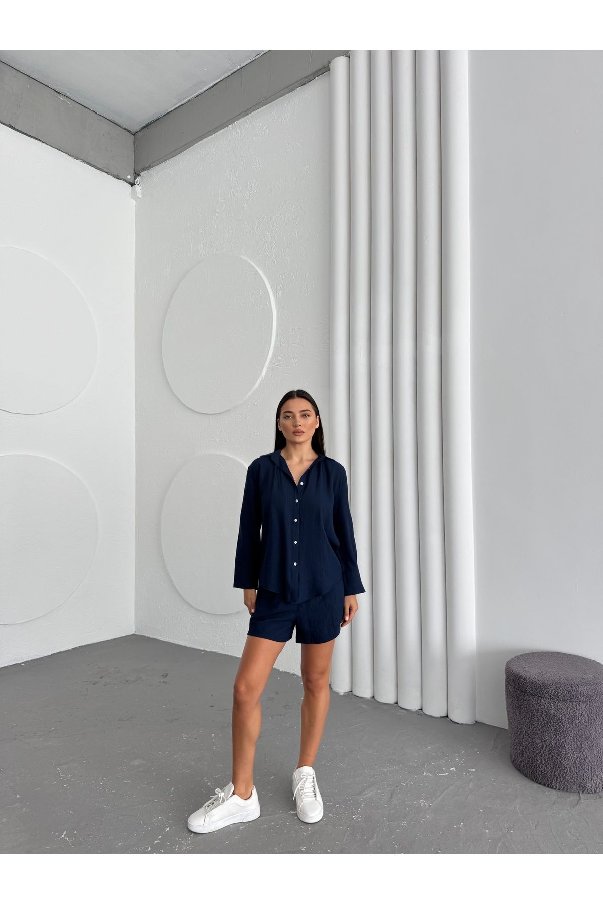 Bubble Kadın Oversize Üst Gömlek Beli Lastikli Bağlamalı Alt Şort İkili Takım