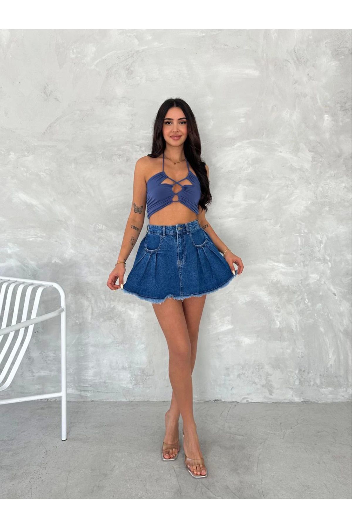 Pink Stil Şık Pileli Yazlık Mini Etekli Kot- Saks Mavisi Pink Stil