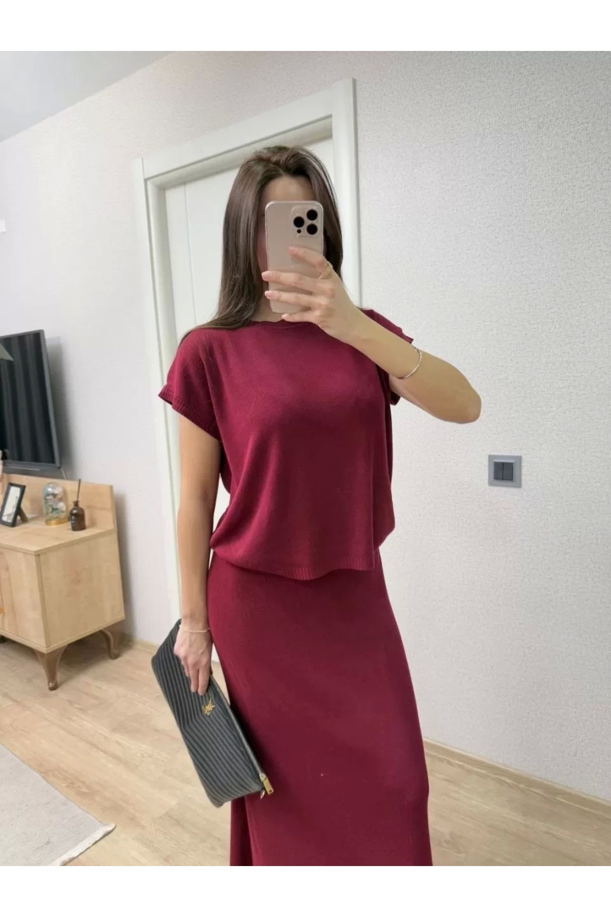 AE Stil Bisiklet Yaka Bluz Uzun Etekli ikili Takım Triko - Bordo