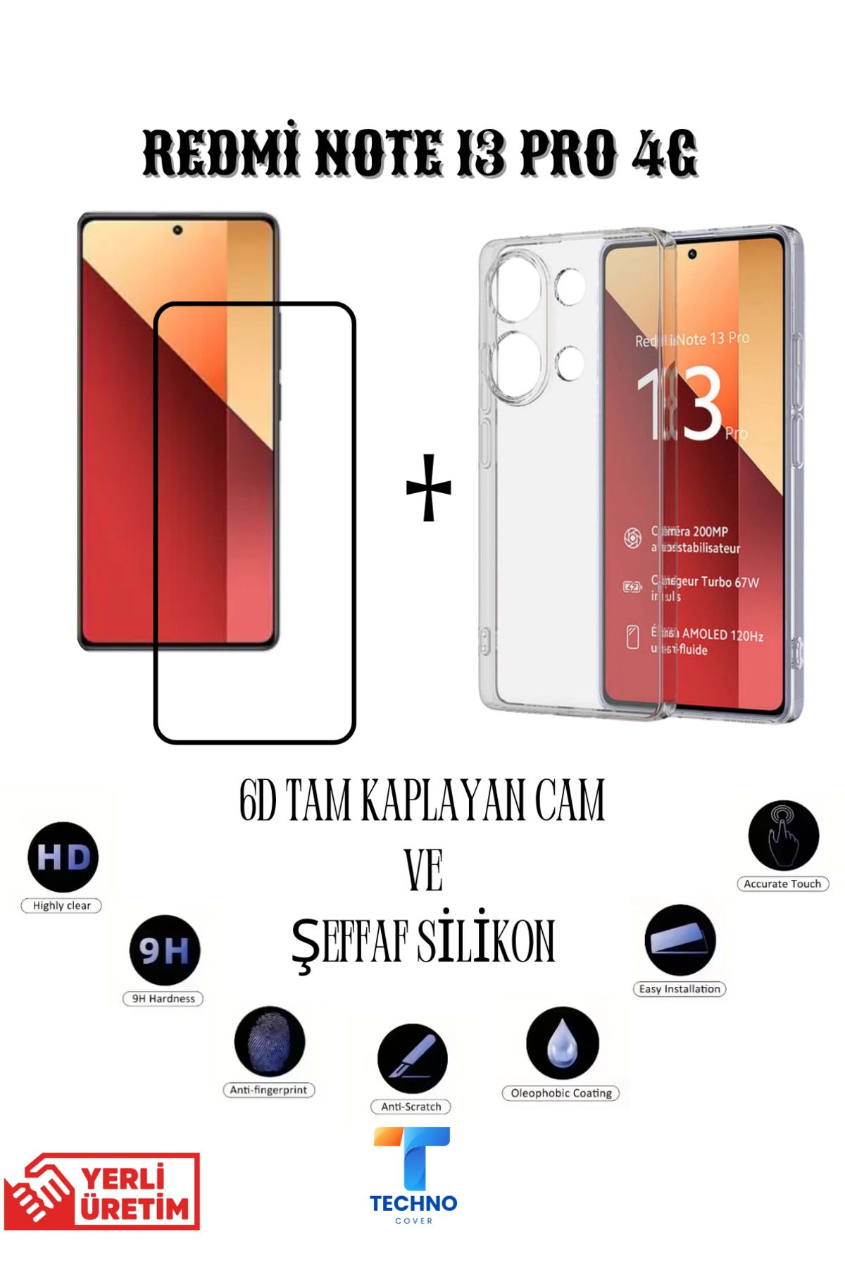 foxpower Redmi Note 13 Pro 4G 6D Tam Kaplayan Ekran Koruyucu ve Şeffaf Kılıf 2li Avantajlı Paket