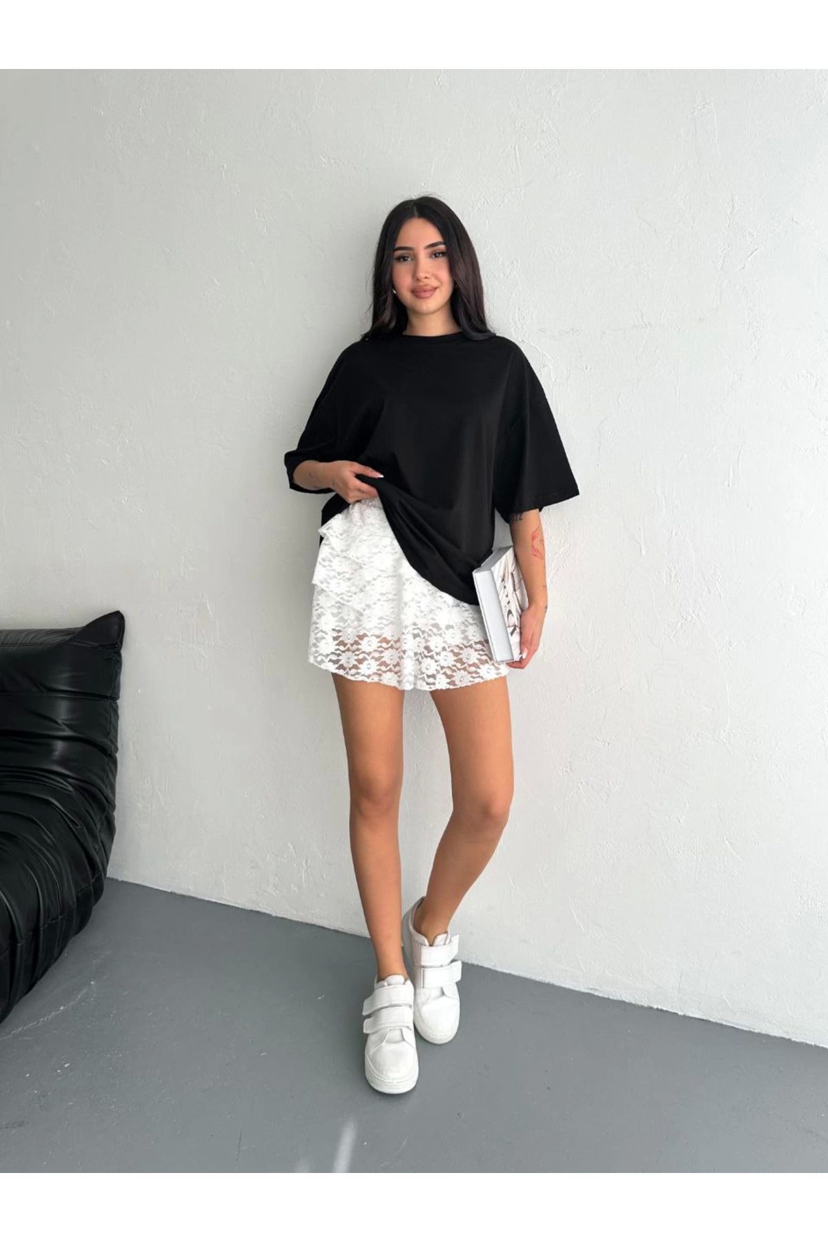 Pink Stil Dantel Beli Lastikli Şortlu Mini Etek - Beyaz Pink Stil