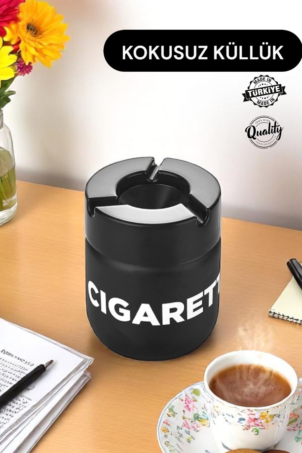 MUF HOME Kokusuz Cam Hazneli Yanmaz Plastik Kapaklı Ev Ofis Ve Araç içi Kül Tablası Şık Tasarım 425cc Küllük