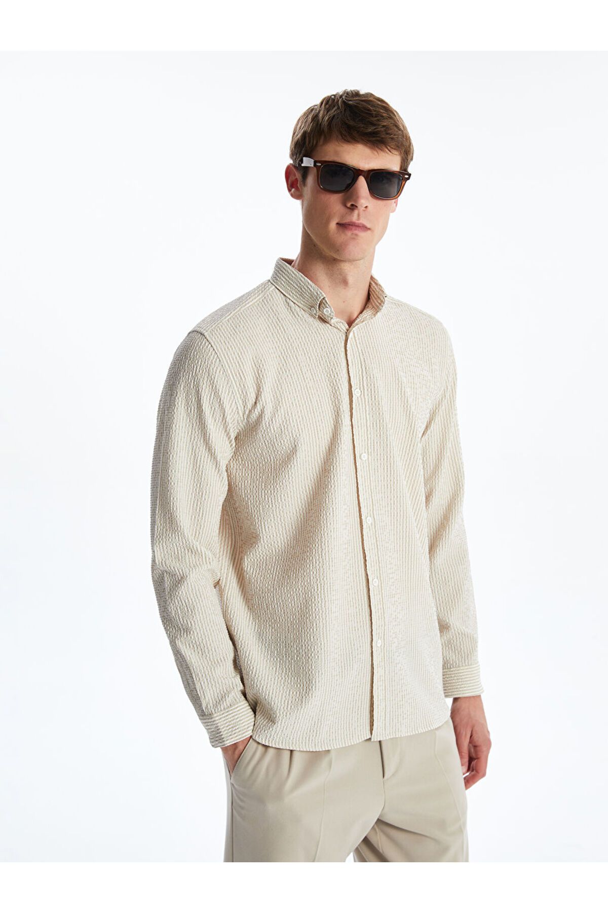 LC Waikiki SOUTHBLUE Bej Slim Fit Uzun Kollu Erkek Gömlek S55727Z8NVY25