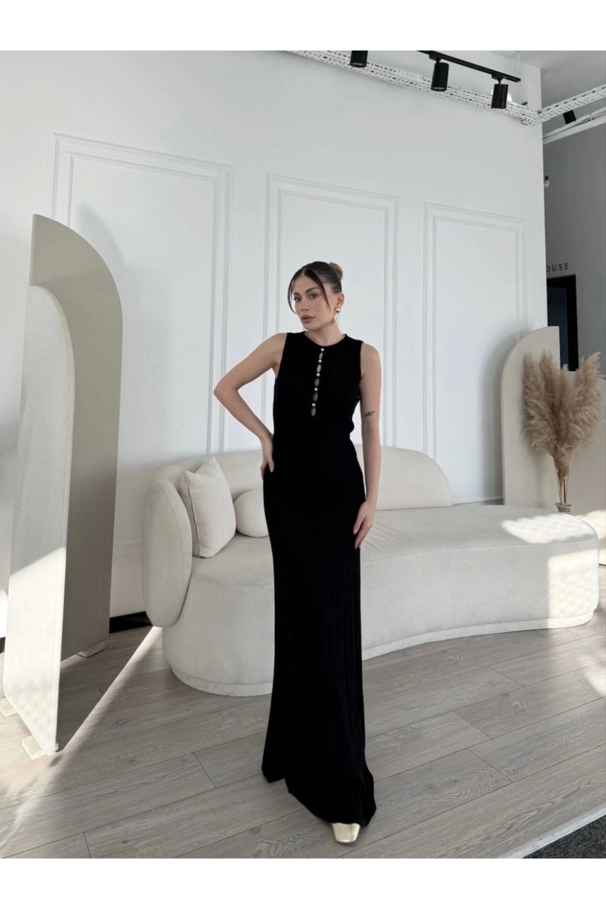 Kadınle Kalın Fitilli Uzun Triko Elbise - Siyah