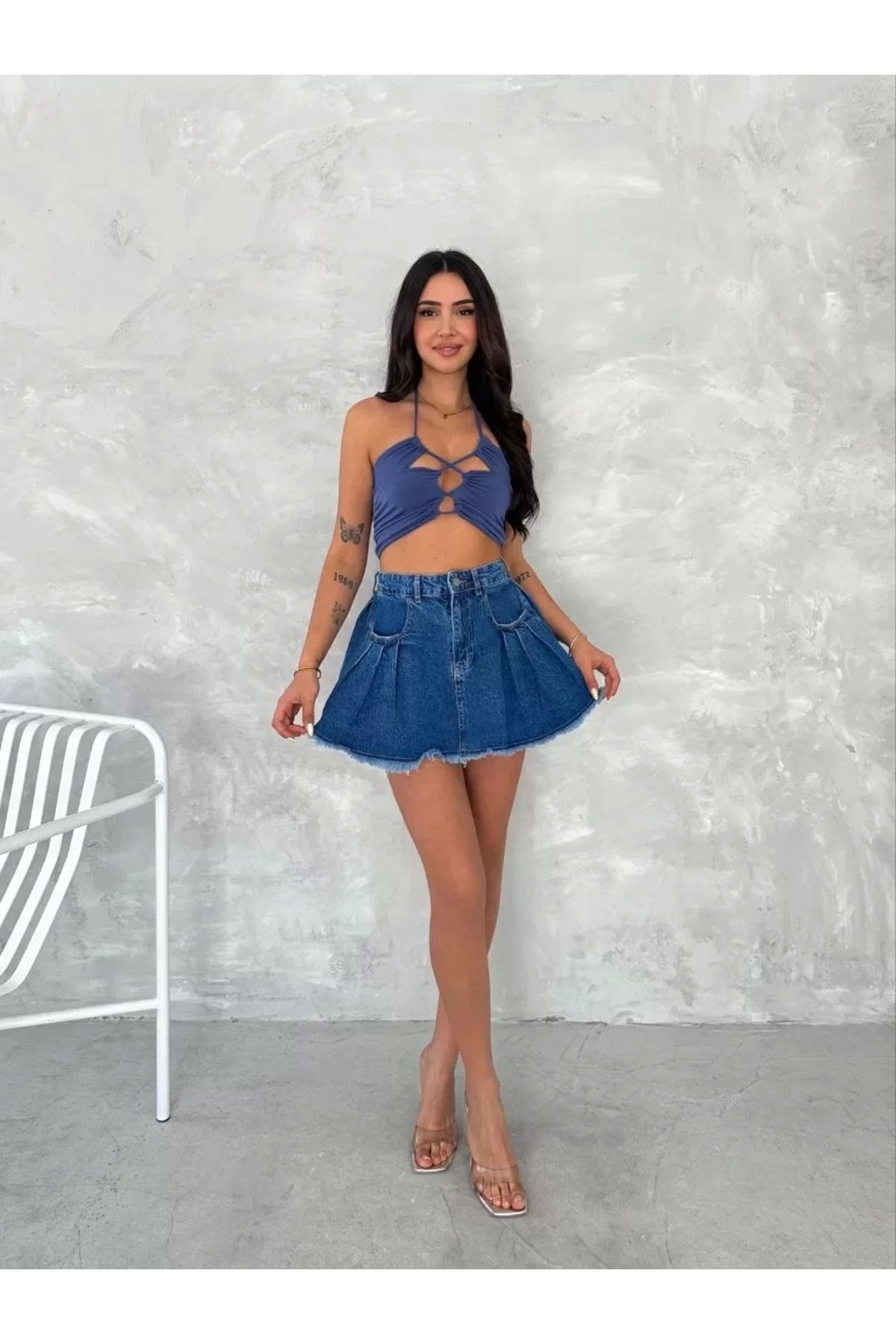 AE Stil Şık Pileli Yazlık Mini Etekli Kot- Saks Mavisi