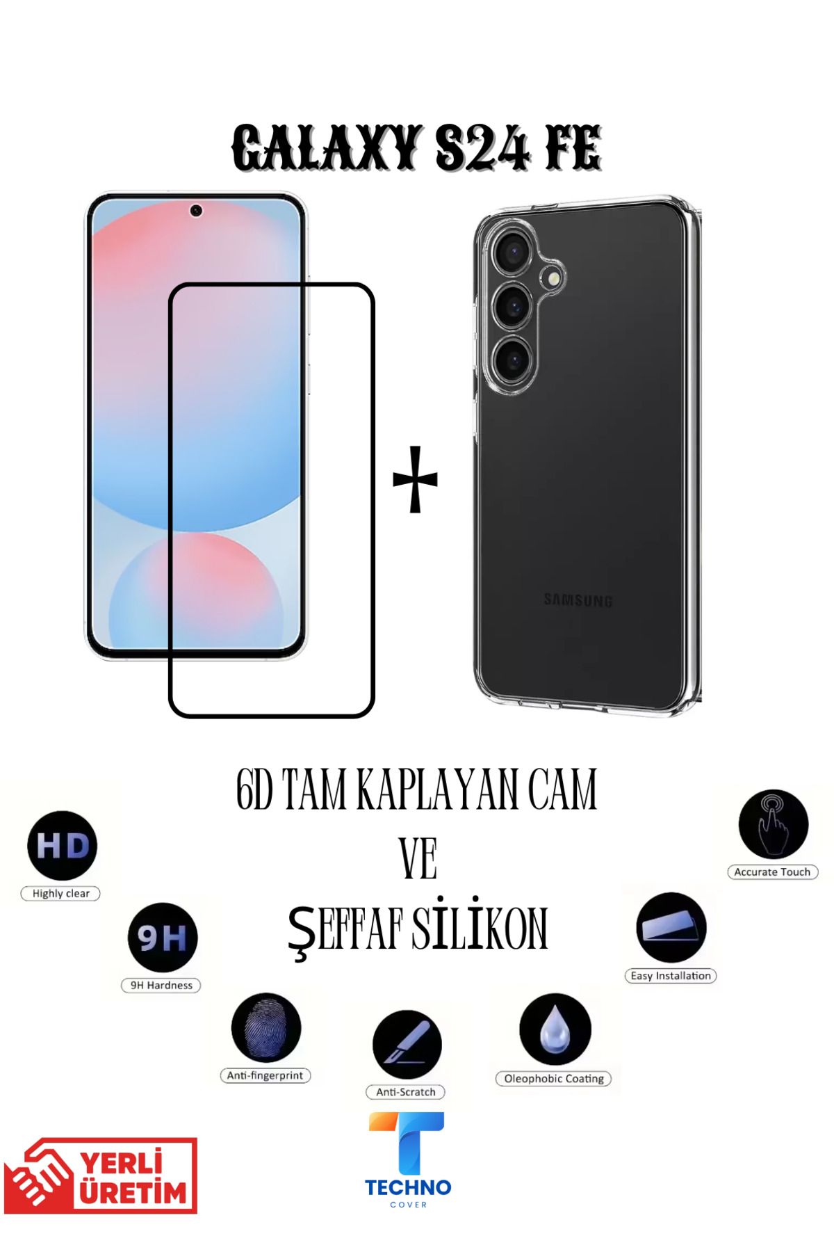 foxpower Samsung S24 Fe 6D Tam Kaplayan Ekran Koruyucu ve Şeffaf Kılıf 2li Avantajlı Paket