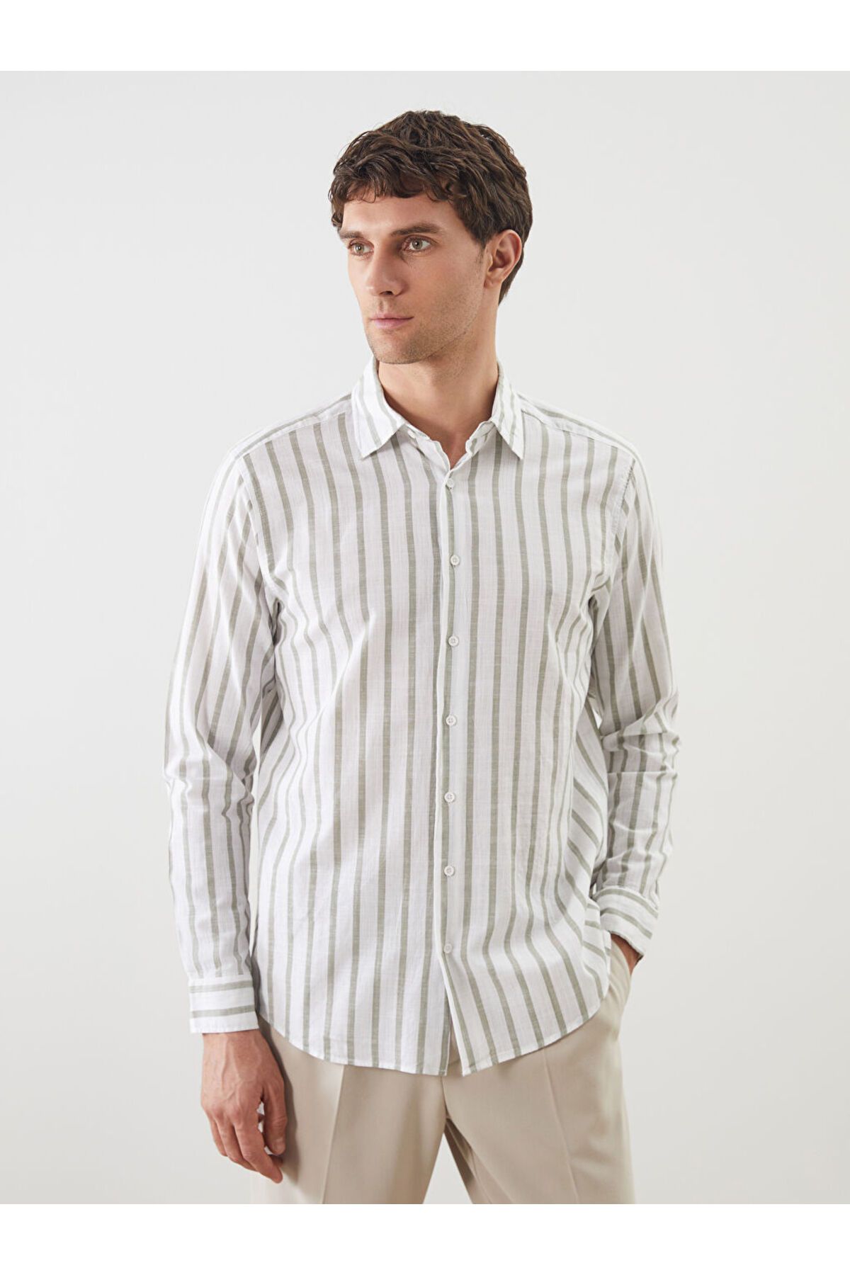 LC Waikiki Yeşil Slim Fit Uzun Kollu Çizgili Poplin Erkek Gömlek S5FD73Z8NVY25