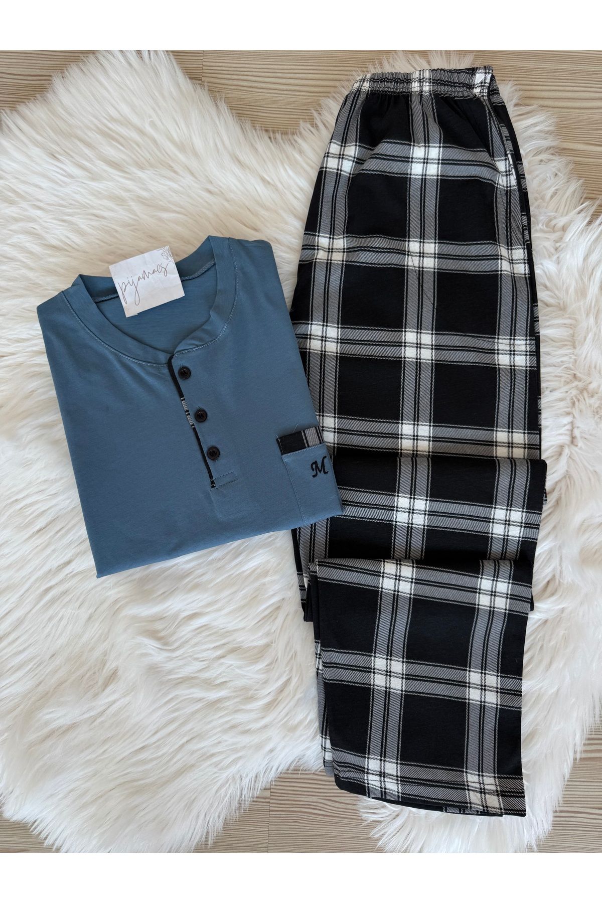 Pijamacs Mavi Ekose Desenli Cep Detaylı Pamuklu Kısa Kollu Erkek Pijama Takımı