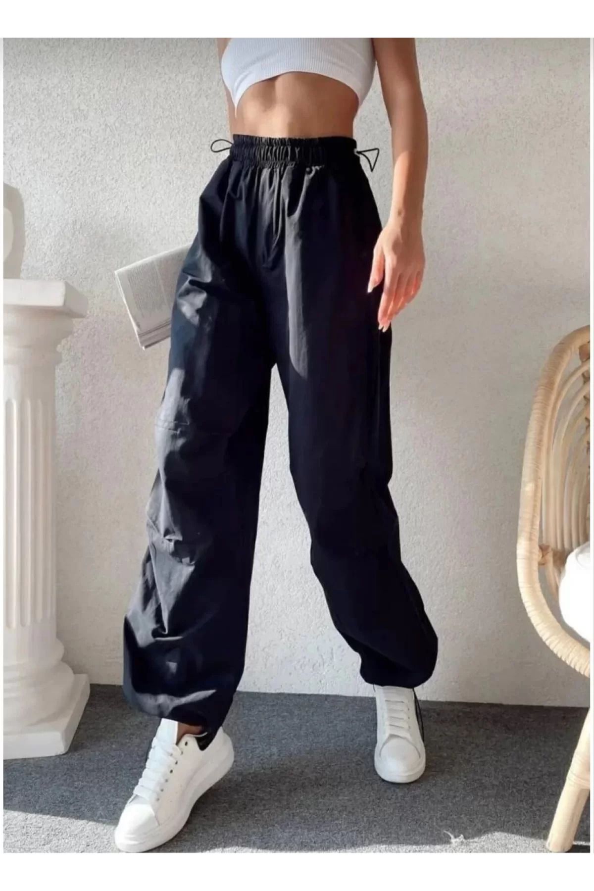 BBbutik Kadın Beli ve Paçası Lastikli Cepli Paraşüt Pantolon