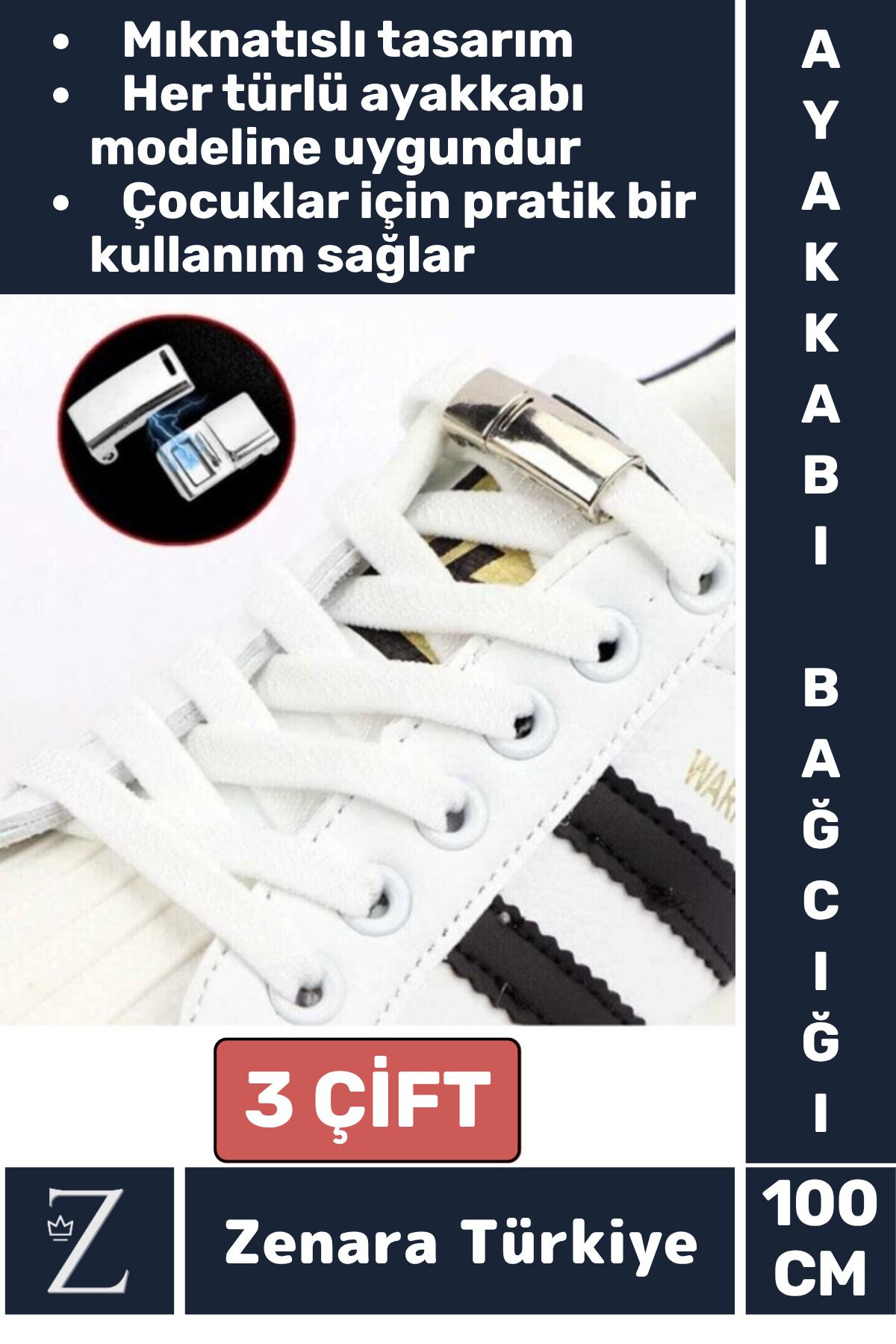 Zenara Tüm Yaşlar İçin Şık Klipsli Manyetik Lastikli Pratik Mıknatıslı Çocuk Ayakkabı Bağcığı 100 Cm-3 Çift