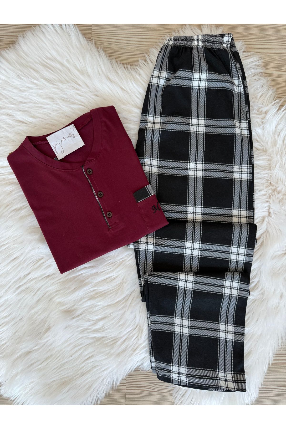 Pijamacs Bordo Ekose Desenli Cep Detaylı Pamuklu Kısa Kollu Erkek Pijama Takımı
