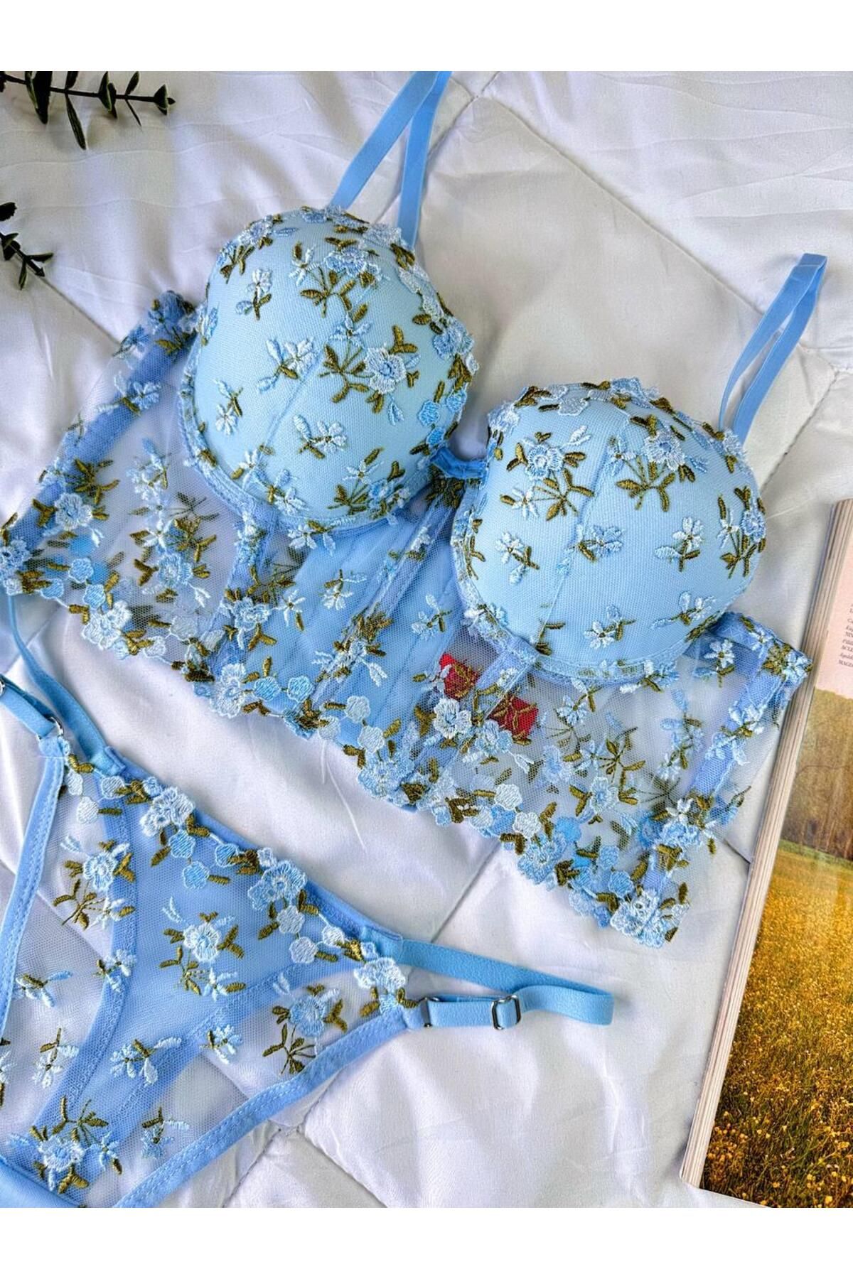 Aria's Closet Özel Tasarım Mavi Dantel İşlemeli Çiçek Desenli Destekli Bralet Takımı