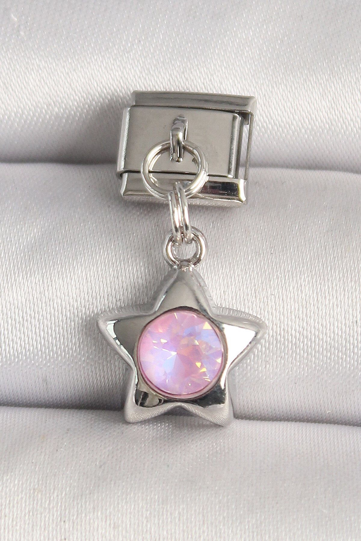 merland benvecocuk 316L Çelik Gümüş Renk Pembe Zirkon Taşlı Yıldız Model Nomination Charm