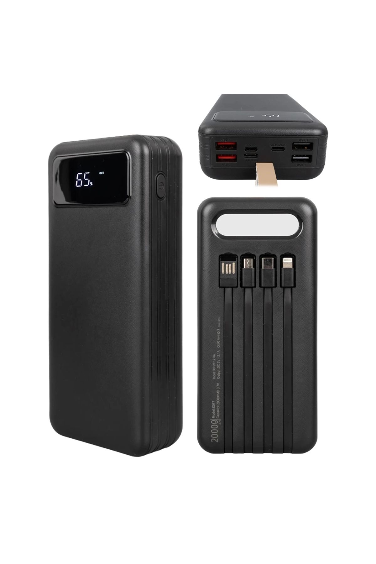 Nemere 20000 Mah Dijital Göstergeli Usb-mıcro-lıghtnıng-type-c Girişli Ve Kablolu Powerbank