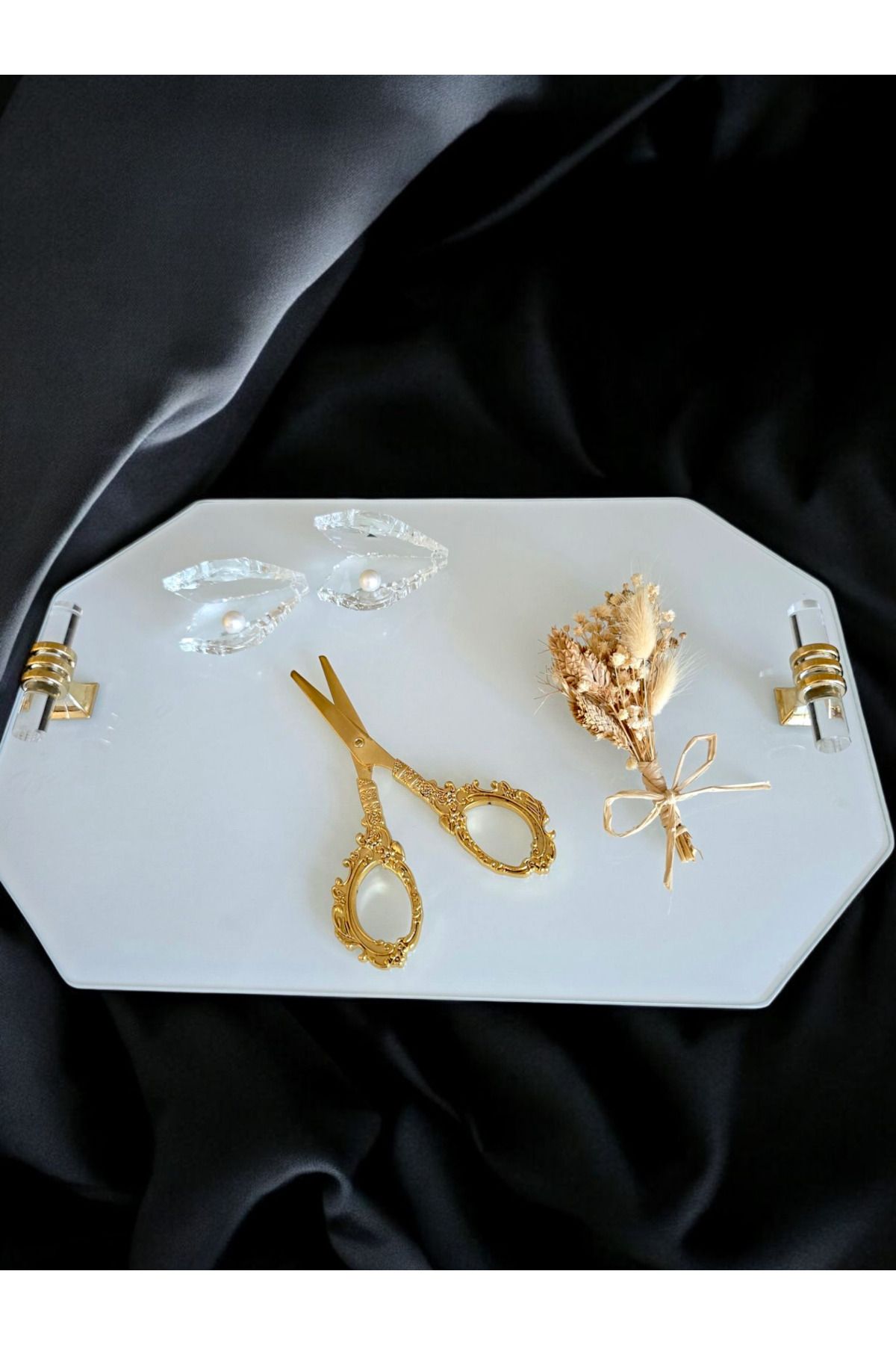 AYZ HOME Söz Nişan Tepsisi/ Tepsi Seti 35*22,5cm -Cam Nişan Tepsisi-Yüzük Yükseltici-Makas-KuruÇiçek