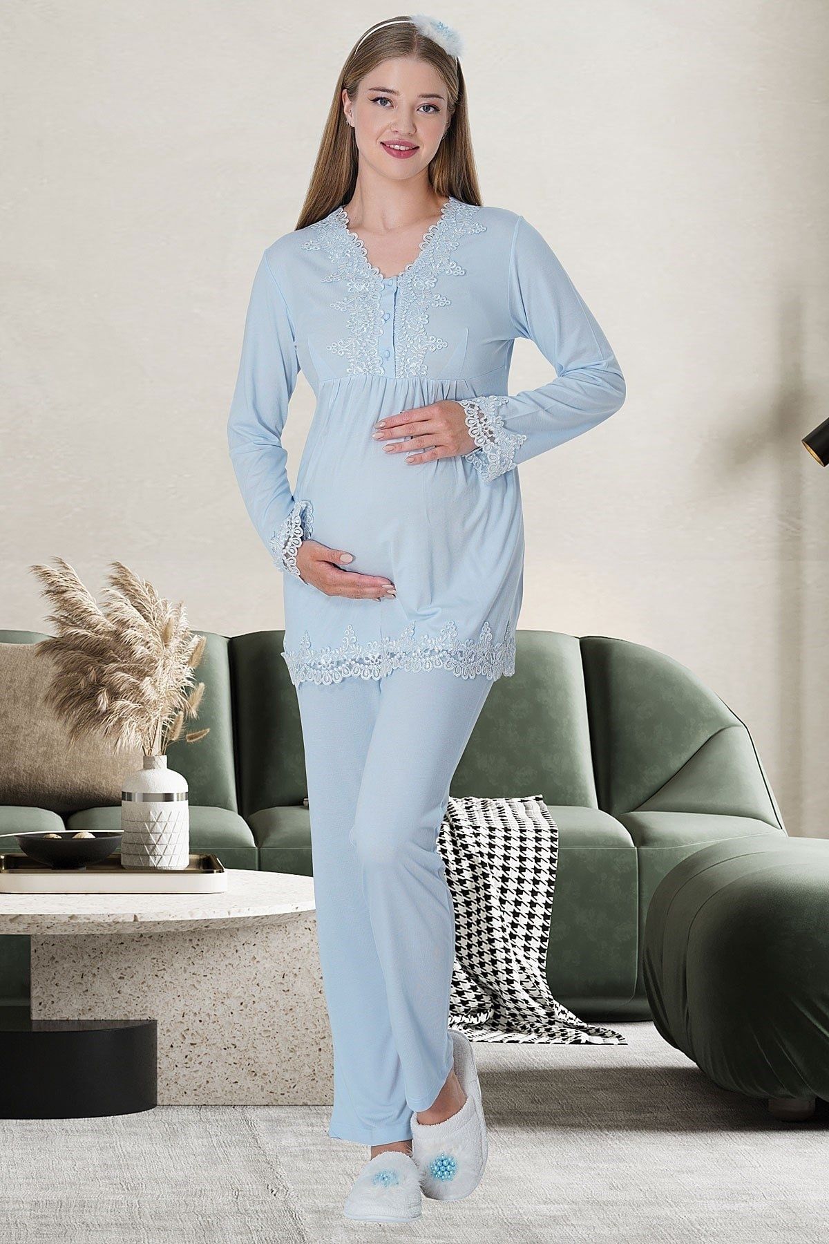 By Mecit Pijama Hamile Uzun Kollu İşleme Detaylı Lohusa Pijama Takımı