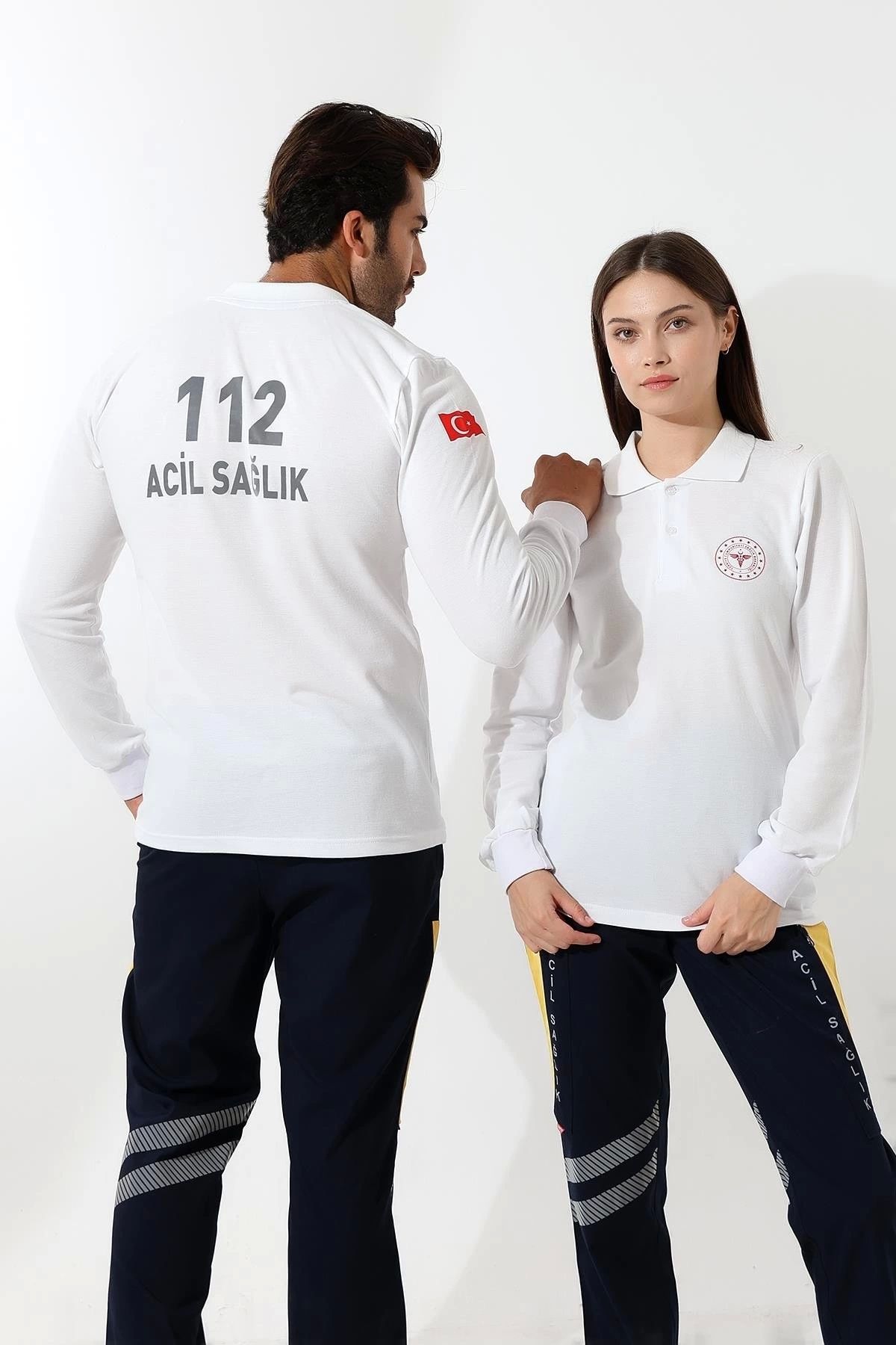 bianada Bilenn 112 Acil Sağlık Yakalı Tshirt Uzun Kol Baskılı - Beyaz