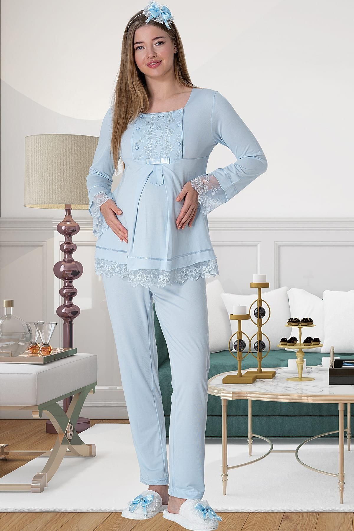 By Mecit Pijama Kadın Uzun Kollu Önü Düğmeli Lohusa Pijama Takımı