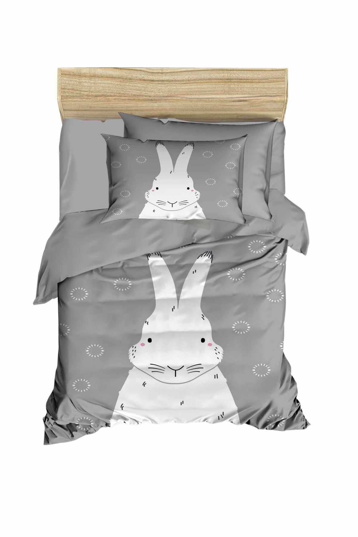 merland benvecocuk Yenidoğan Kız / Erkek Unisex Bebek Nevresim Takımı %100 Pamuklu Gri Tavşan