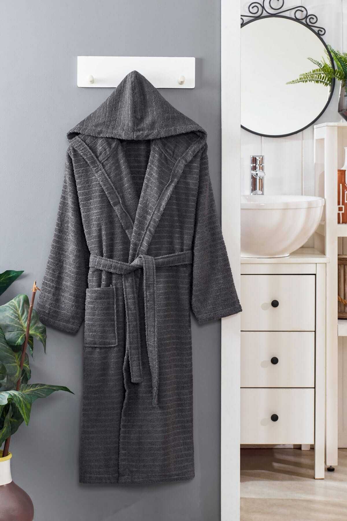 merland benvecocuk Kapüşonlu Unisex Banyo Bornozu %100 Soft Pamuklu Antrasit