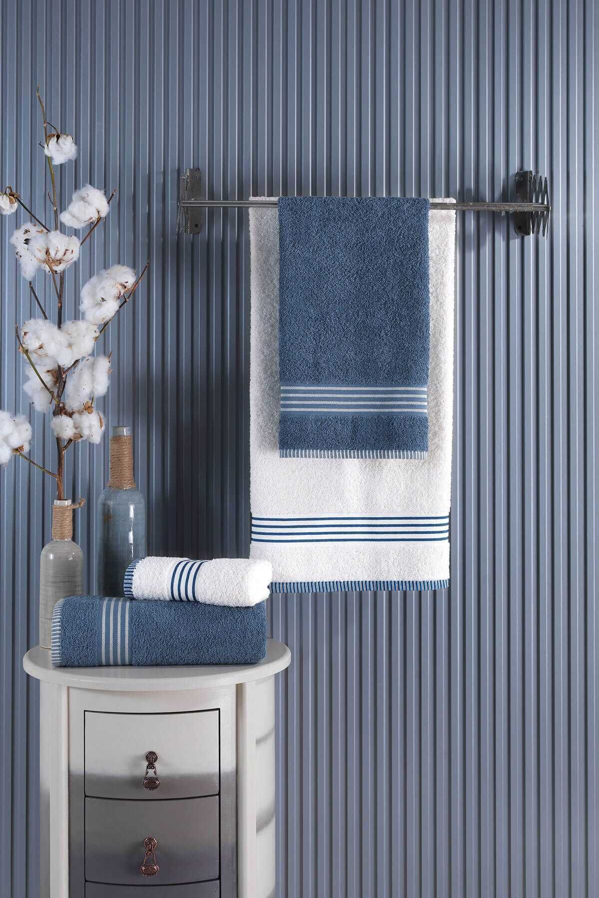 merland benvecocuk 4 lü Kadın Erkek Banyo Havlusu Takımı Oscar Mavi Krem