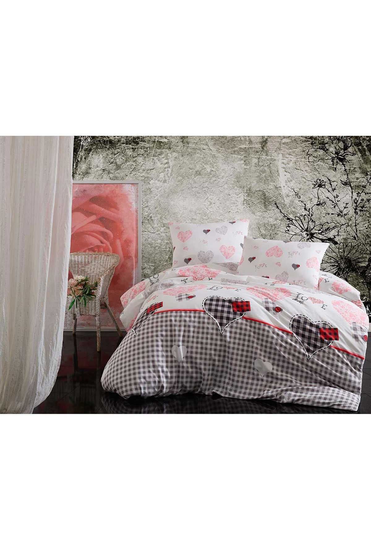 merland benvecocuk Çift Kişilik Lastikli Çarşaflı Pamuklu Nevresim Takımı Patchwork Love