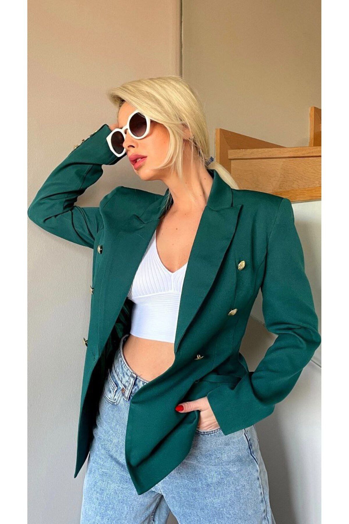 Castivo Fashion Gold Düğme Detaylı Kruvaze Blazer Ceket