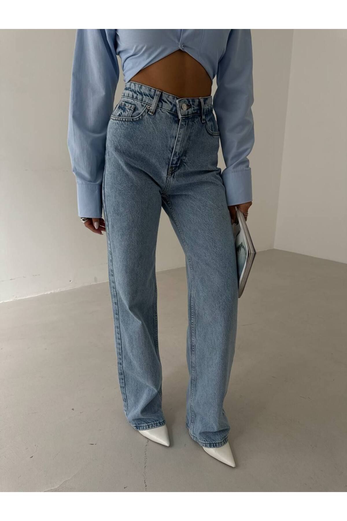 Castivo Fashion Yüksek Bel Yırtık Detaylı Geniş Paça Jean Pantolon