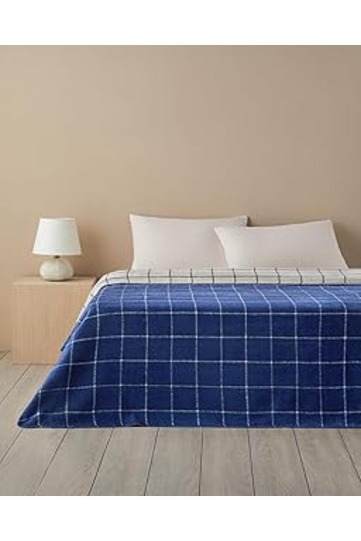 Mu Art Ahşap English Home Plain Check Pamuklu Tek Kişilik Battaniye Lacivert - Krem