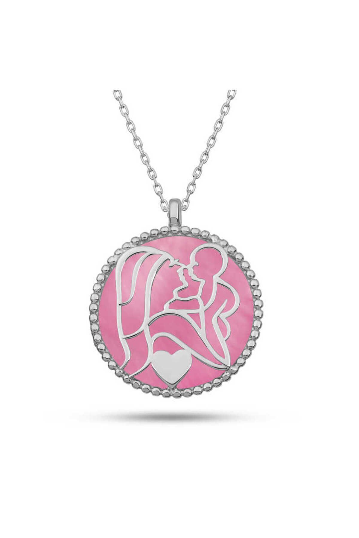 KENPAZAR Gümüş Pembe Taşlı Anne Çocuk Sevgisi Kolye