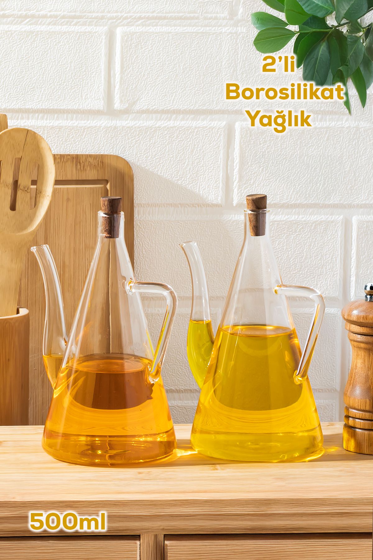 Porsima 17558 Mantar Kapaklı Borosilikat Cam 2li Yağlık Sirkelik Yağdanlık 500+500 ml