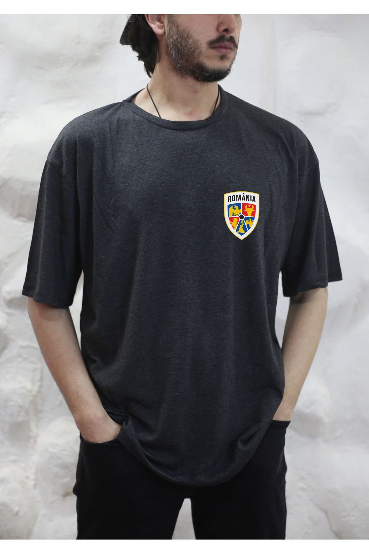 sielta Romanya Futbol Takımı Oversize Erkek Pamuklu Antrasit Tişört T-shirt