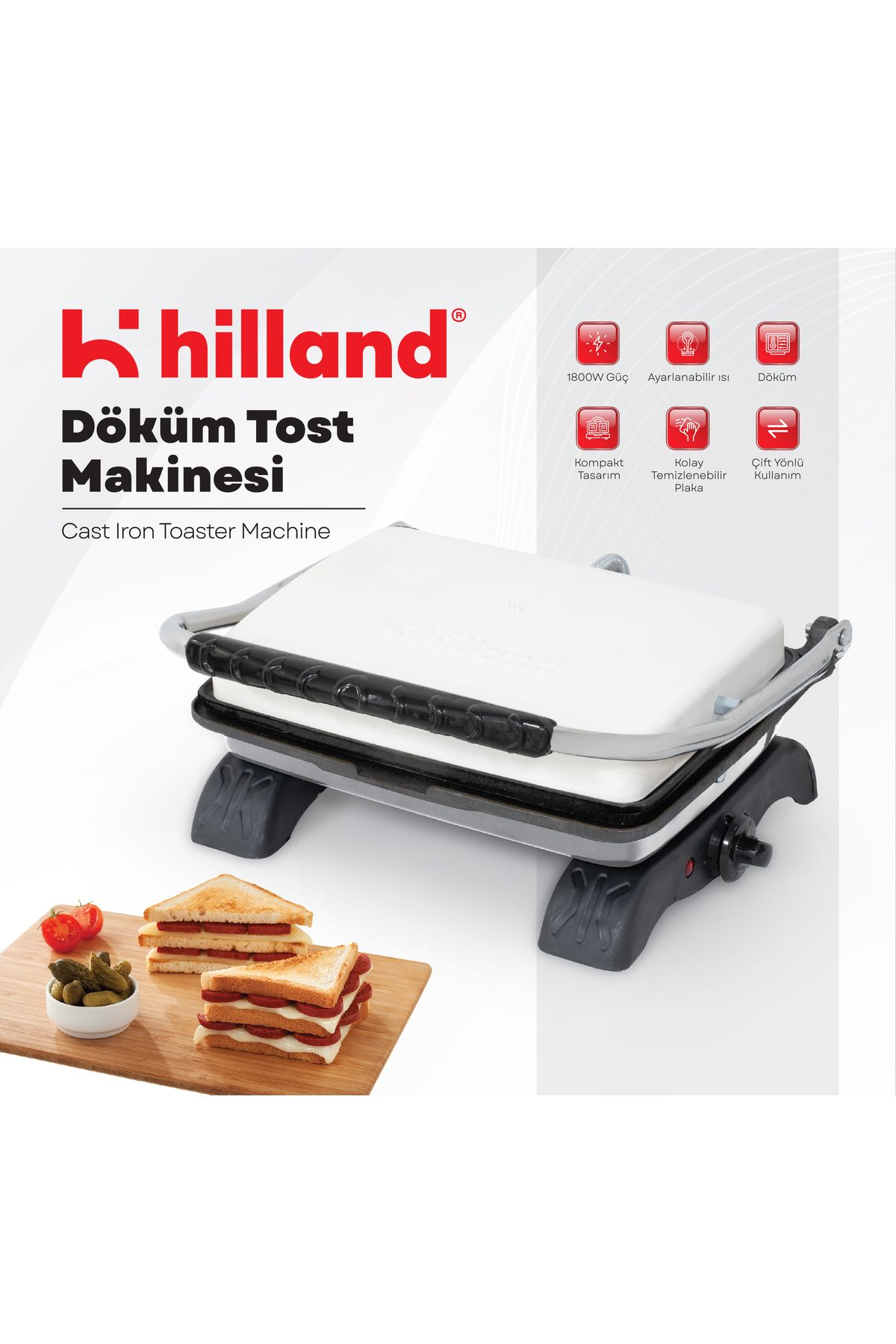 hilland Organik %100 Demir Döküm Plakalı Tost Makinesi - Temizleme Fırçası Hediyeli