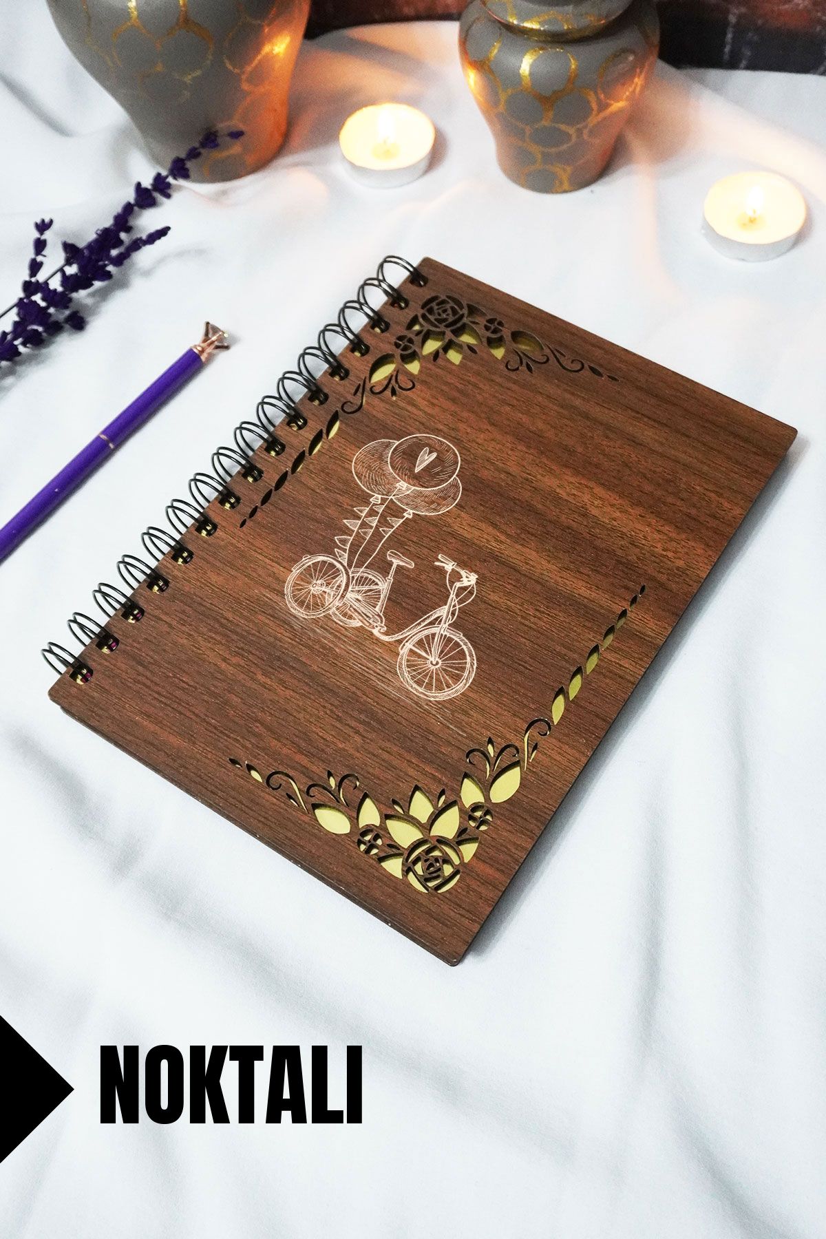 markcat Bisiklet Ahşap Kapaklı Spiralli Defter - Noktalı Defter - 60 Yaprak (120 SAYFA) - A5 15x21 Cm